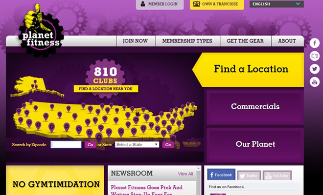 planet fitness website gym homepage layout purple design