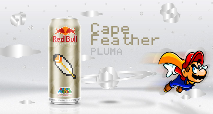 thiết kế bao bì sản phẩm Red Bull Super Mario Cape Feather Pluma