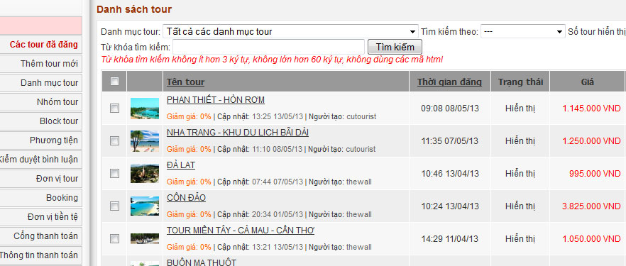 Hình ảnh quản trị module quản lý tour du lịch