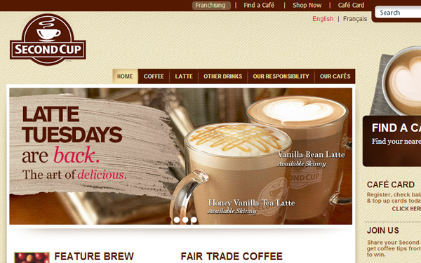 second cup coffee restaurant website interface