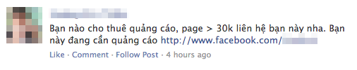 Một status thuê quảng cáo trên 'chợ' fanpage