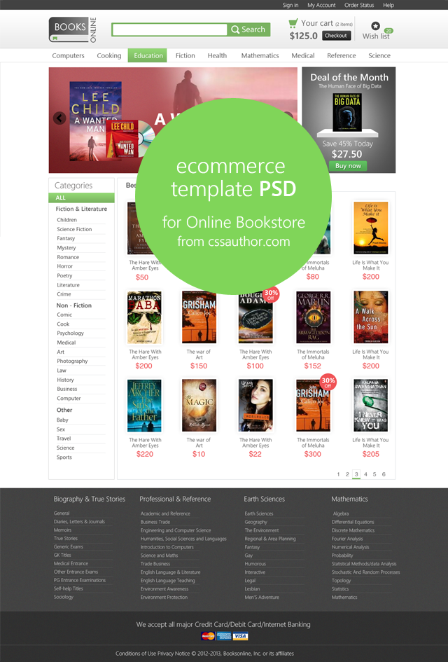 Tải về miễn phí: 20 mẫu thiết kế web Template PSD E commerce Home Page Template PSD for Online Bookstore cssauthor.com 20 Beautiful Web Design Template PSD for Free Download