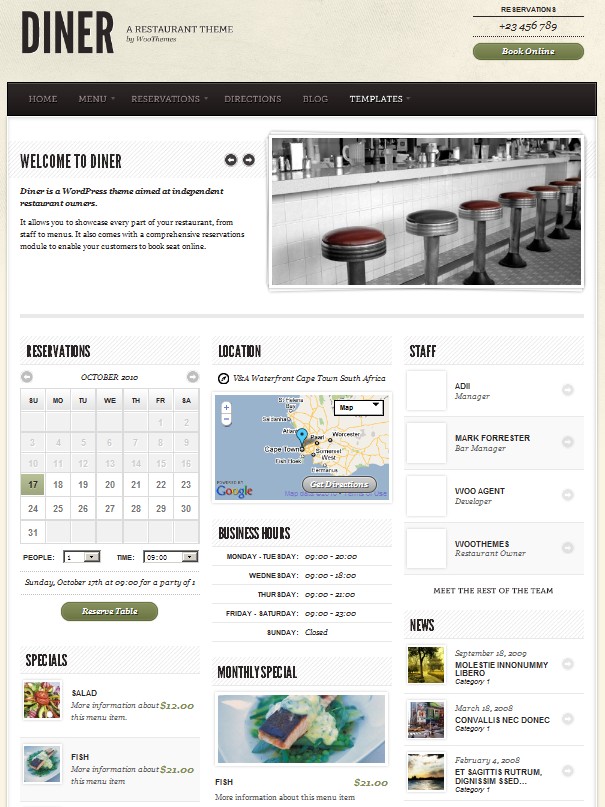 Bộ sưu tập 50 thiết kế website nhà hàng đẹp mắt (P2) Diner WordPress Theme