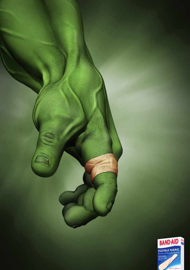 Cũng sử dụng hình ảnh siêu anh hùng, Band-Aid cho thấy ngay cả người khổng lồ xanh Hulk cũng cần đến họ. Không thể không xem những quảng cáo sáng tạo này ?