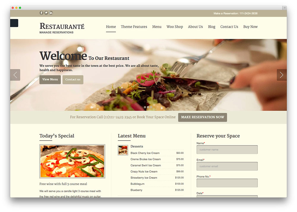 restaurante WordPress template