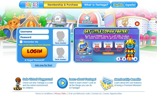 fantage virtual world kids website layout