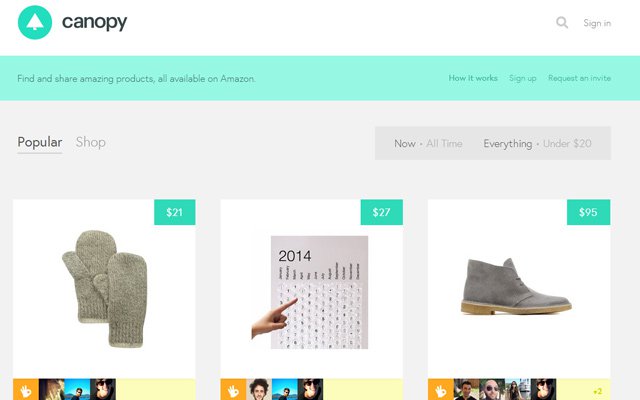canopy amazon products social network listing homepage