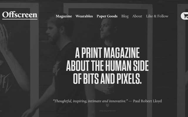 dark grey offscreen magazine website layout