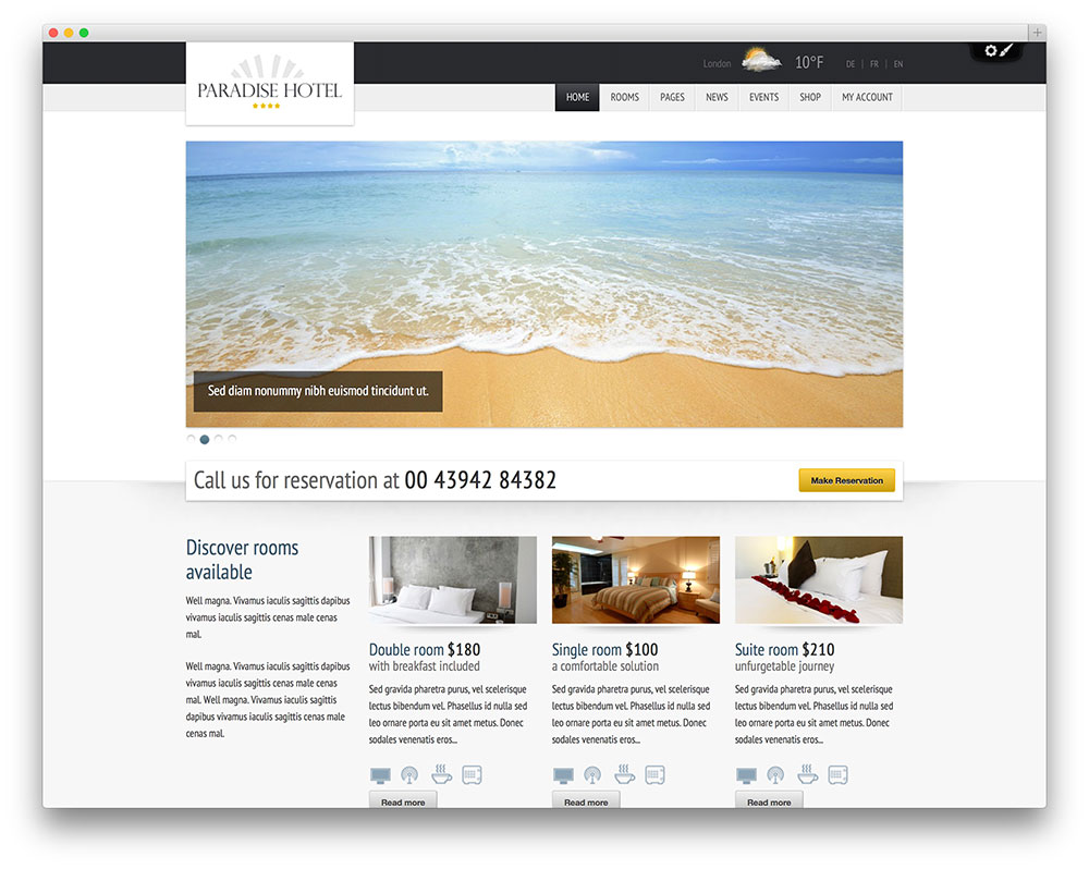 paradise hotel wordpress theme thiet ke web khach san