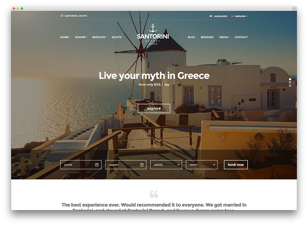 santorini resort wordpress theme thiet ke web khach san