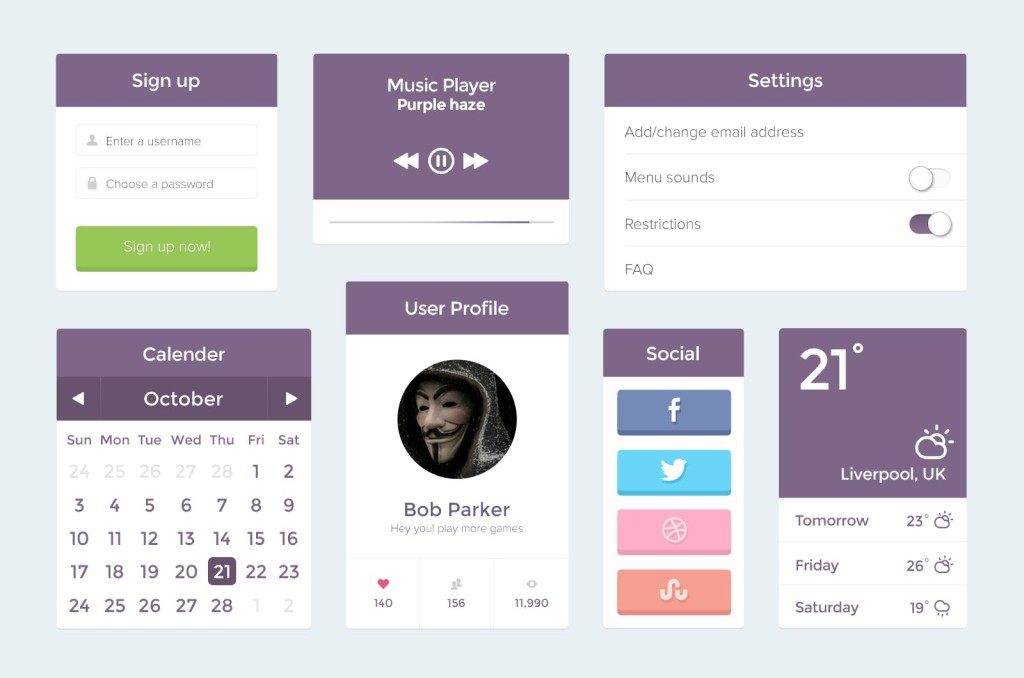 Flat Purple PSD UI Kit thiet ke web