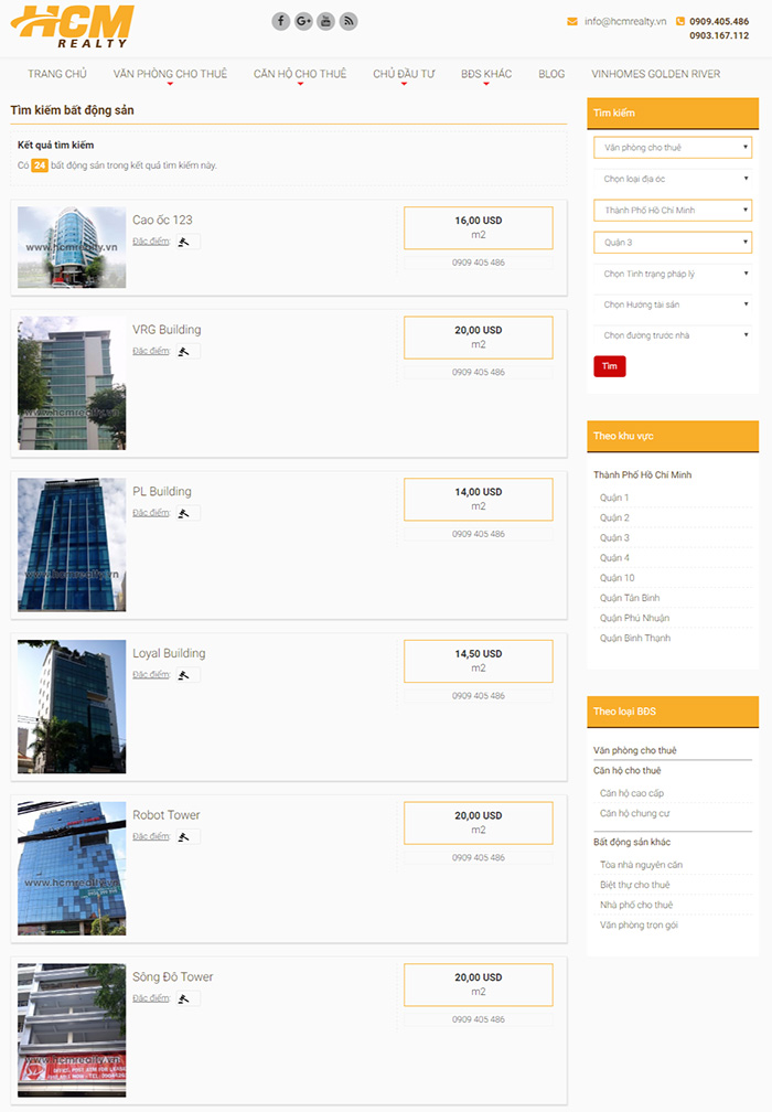 Giao diện trang danh mục bất động sản HCM Realty