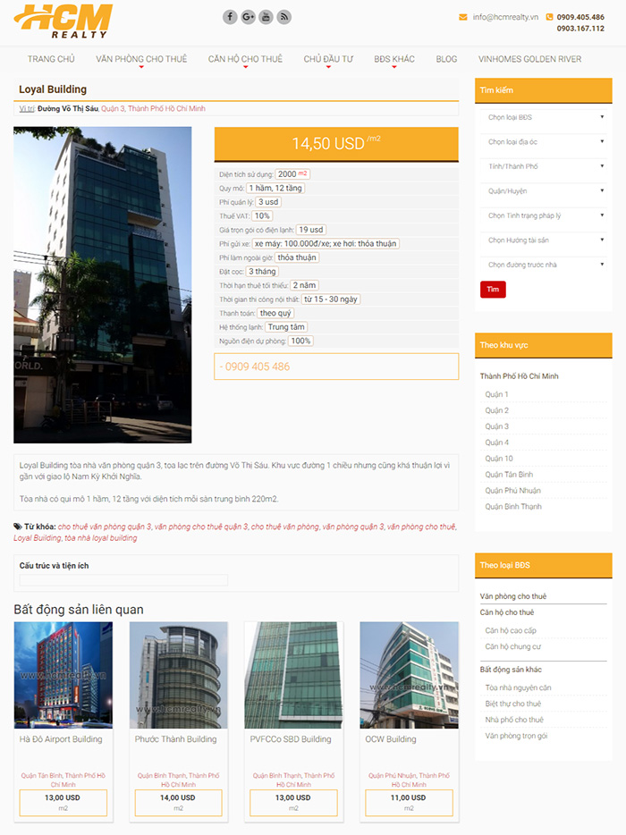 Giao diện trang chi tiết bất động sản HCM Realty