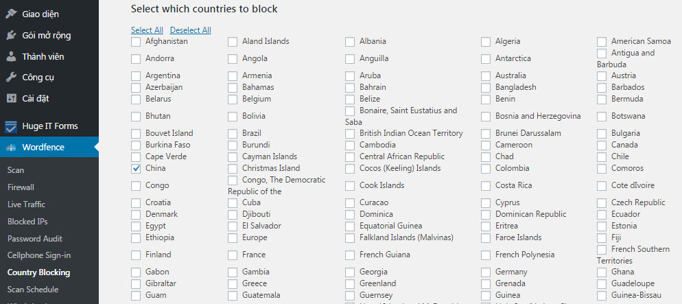Chặn các quốc gia truy cập trên Wordfence Security