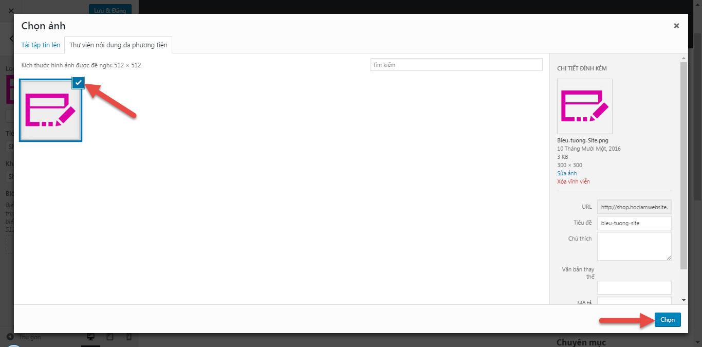 Chọn và chèn biểu tượng site