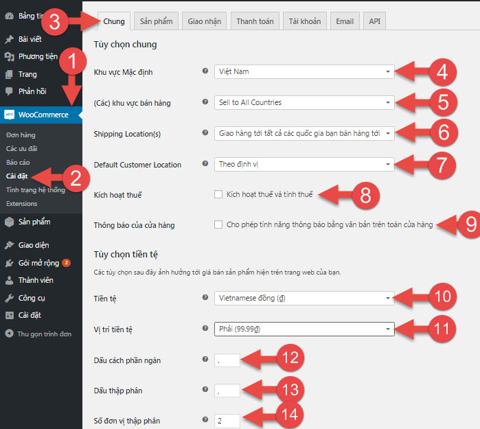 Cài đặt chung woocommerce