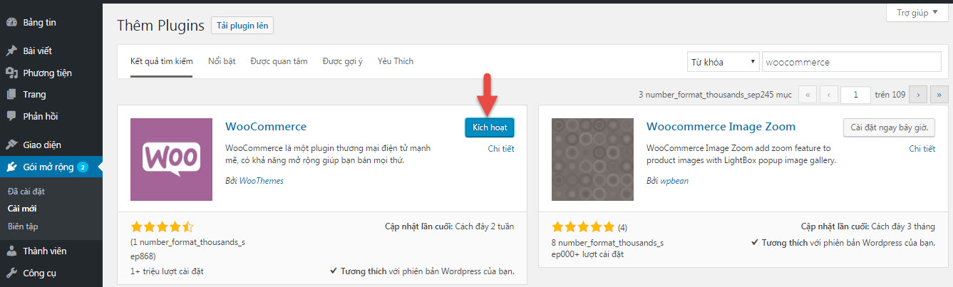 kích hoạt woocommerce