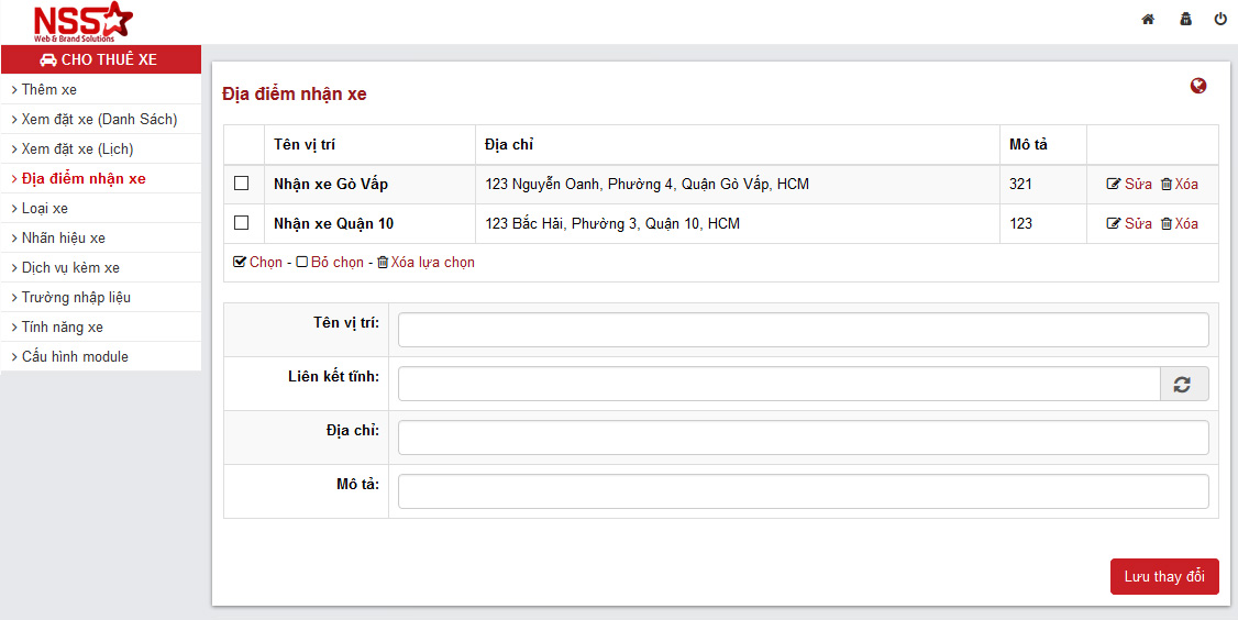 Quản lý địa điểm nhận xe 