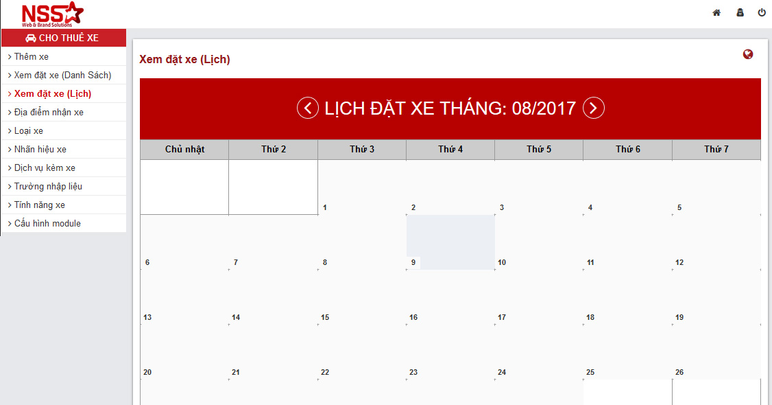 Xem danh sách đặt xe theo dạng lịch thể hiện Grid (Lưới)