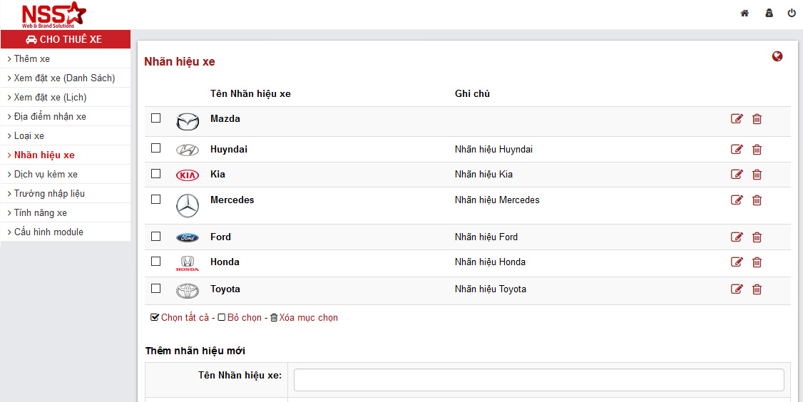 Quản lý nhãn hiệu xe 