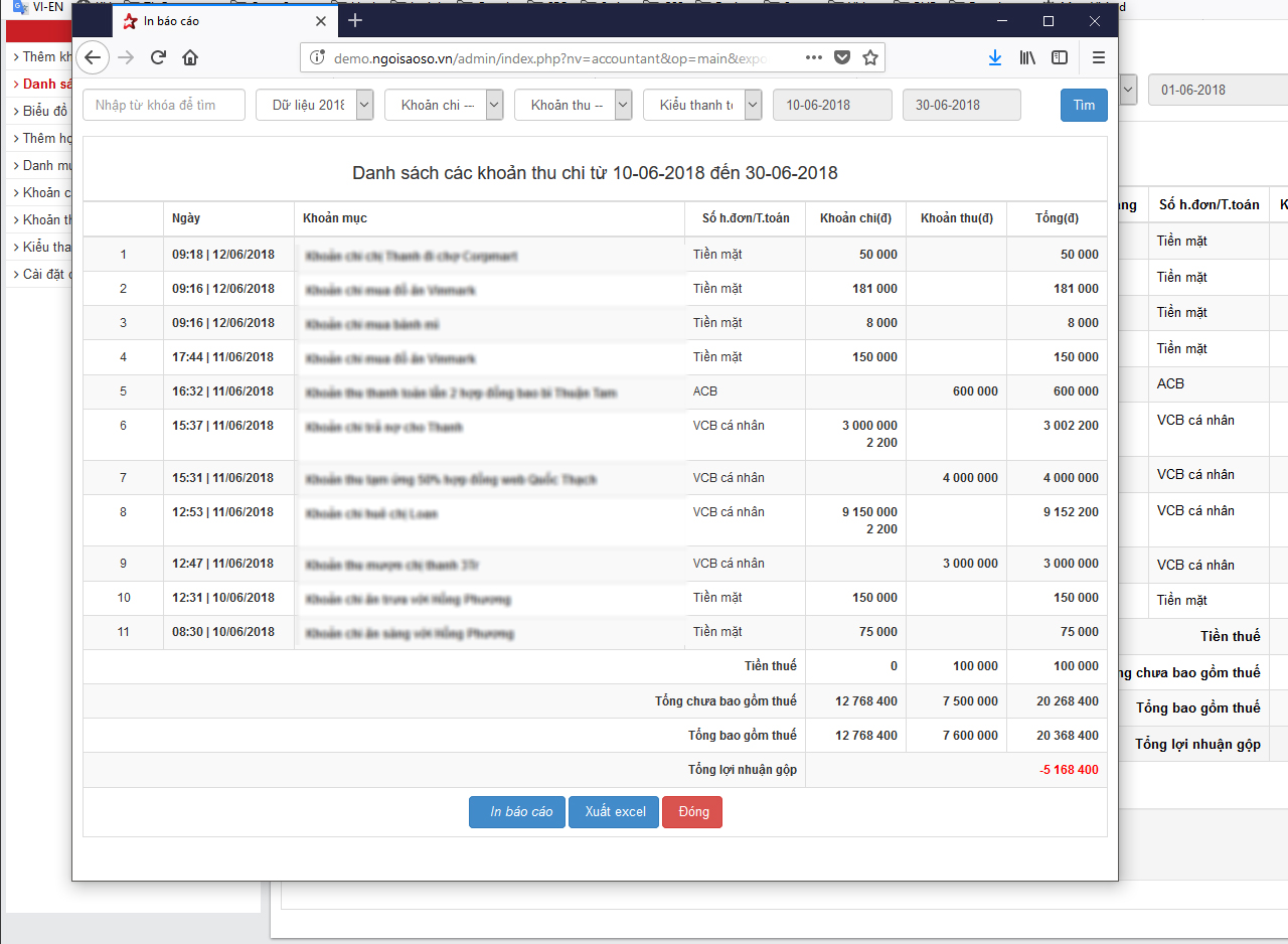 phần mềm quản lý thu chi cho doanh nghiệp nhỏ - In ấn báo cáo hoặc xuất excel.