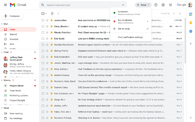 Trạng thái vắng mặt trong Google Chat trong Gmail