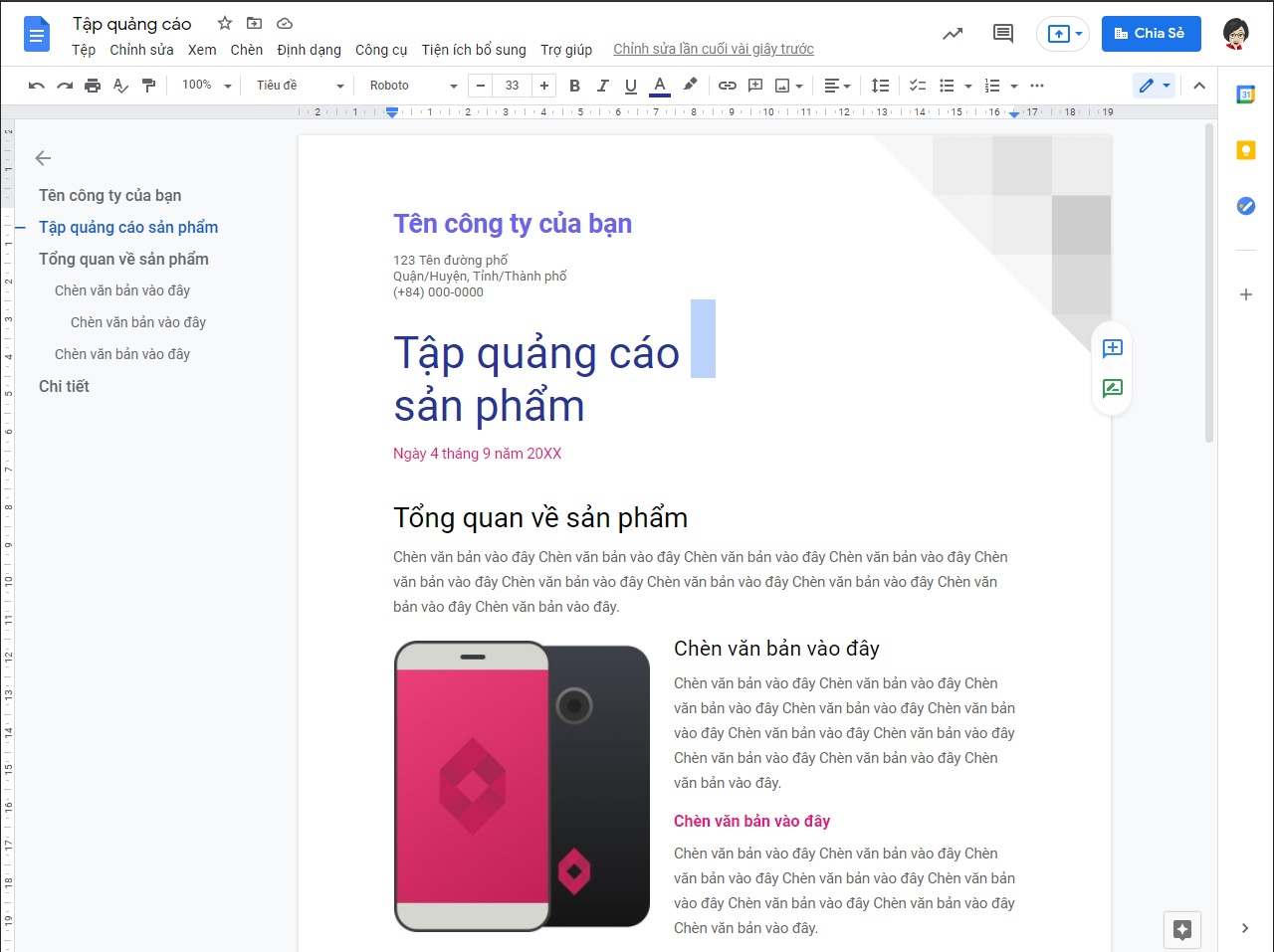 mẫu tệp quảng cáo sản phẩm trong Google Docs