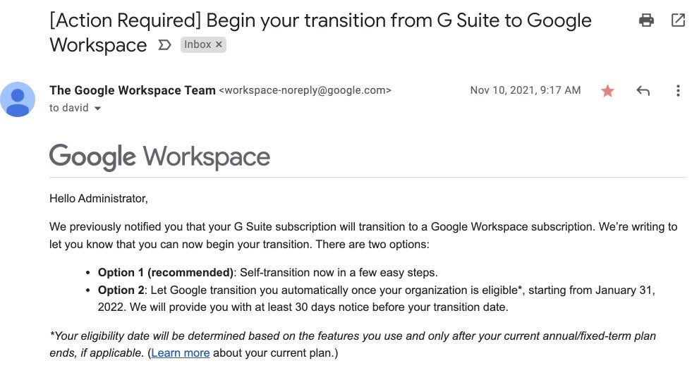 Email thông báo [Cần hành động] Bắt đầu quá trình chuyển đổi của bạn từ G Suite sang Google Workspace.