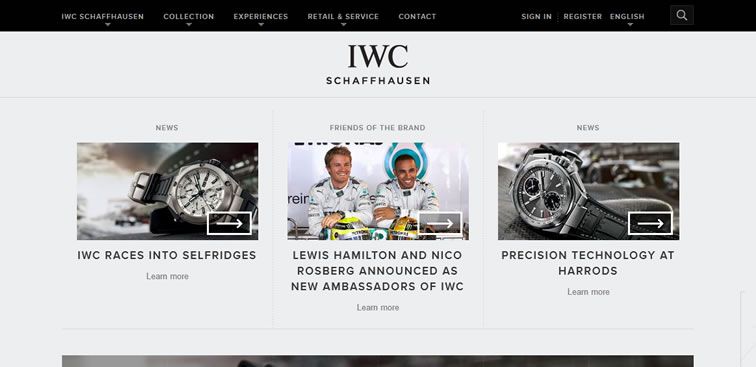 The IWC Schaffhausen website example of Ecommerce Sites design